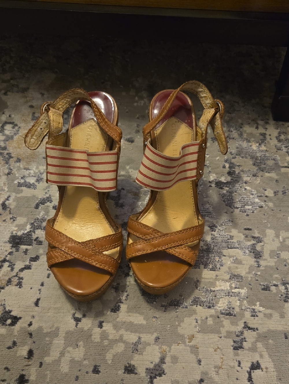 Gianni Bini Brown Leather Wedge Sandals with Red-Striped Elastic